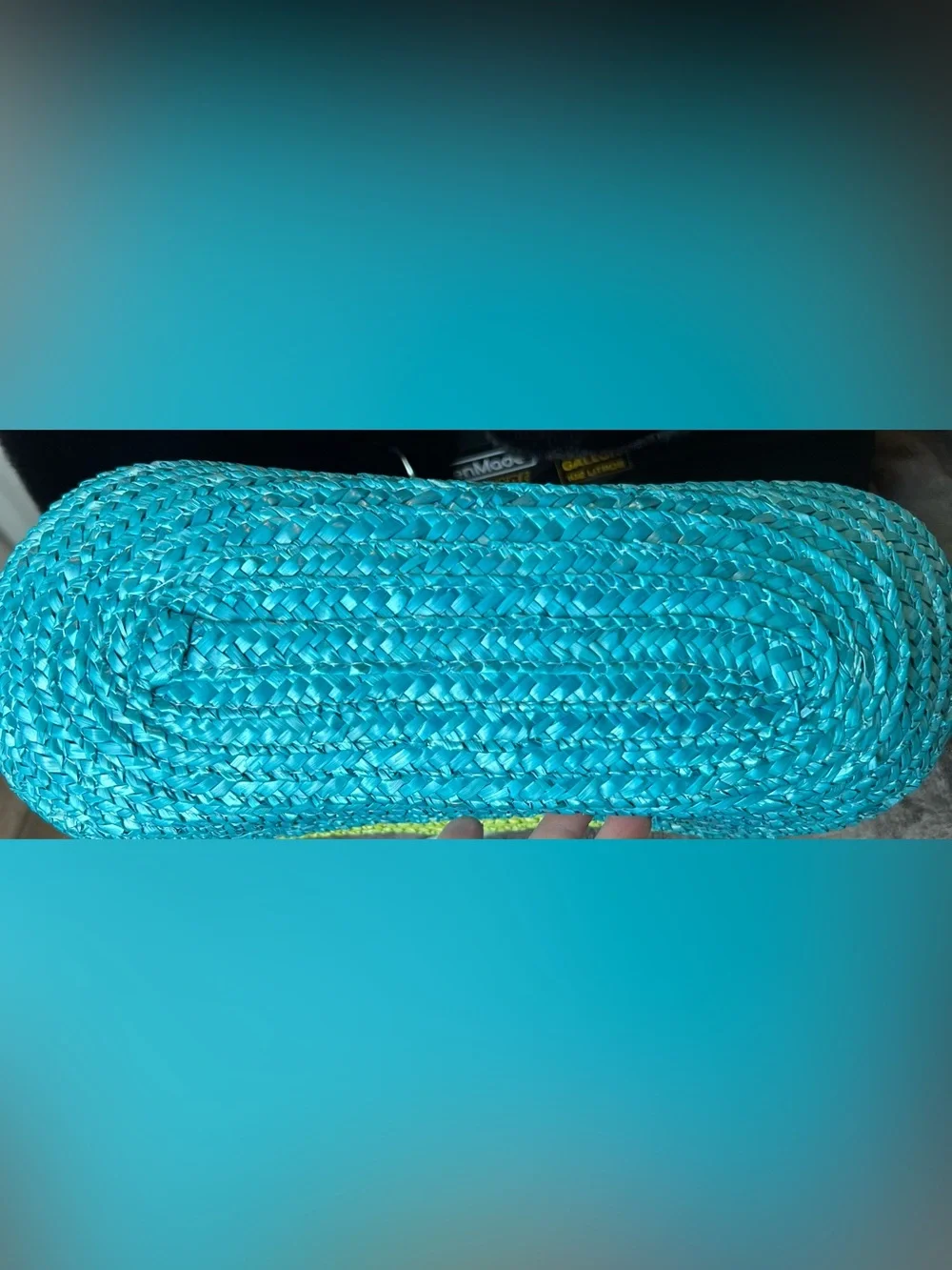 DesignPac Gifts Striped Woven Tote Bag in Blue, Green & Natural with Tan Handles